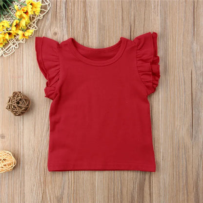 1-6 Years old,  Infant Girls T-Shirt,  Cotton Flying Sleeves T-Shirt For Girls,  Summer, Solid , Black White Pink Red Tee Tops