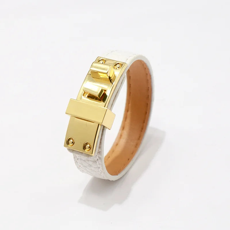 Lychee Pattern,  Glossy Bracelets.   Belt Buckle PU Leather for Women / Men.   Multicolor Couple Bangles. Fashion Top Jewelry.  Great Looking Bracelet. As I write, All Colors are Good EXCEPT BLACK.