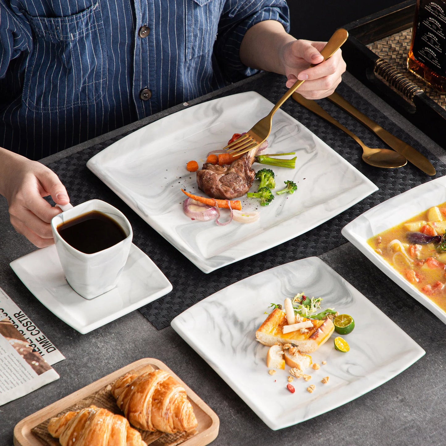 30/60PCS Marble Grey Porcelain Tableware.  Dinnerware Set with 6PCS,  Dessert/Soup/Dinner Plate/Cup/Saucer,Service for 12