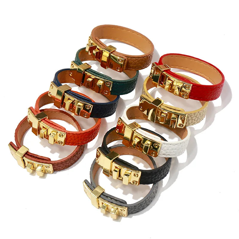 Lychee Pattern,  Glossy Bracelets.   Belt Buckle PU Leather for Women / Men.   Multicolor Couple Bangles. Fashion Top Jewelry.  Great Looking Bracelet. As I write, All Colors are Good EXCEPT BLACK.