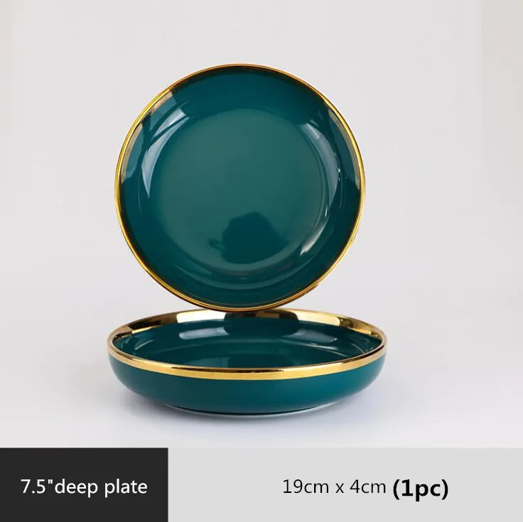 Luxury Forest Green Ceramic Dinnerware Set,  Including  Shallow Plates,  Rice,  Soup Bowls,  Fish,  Dish And Spoon