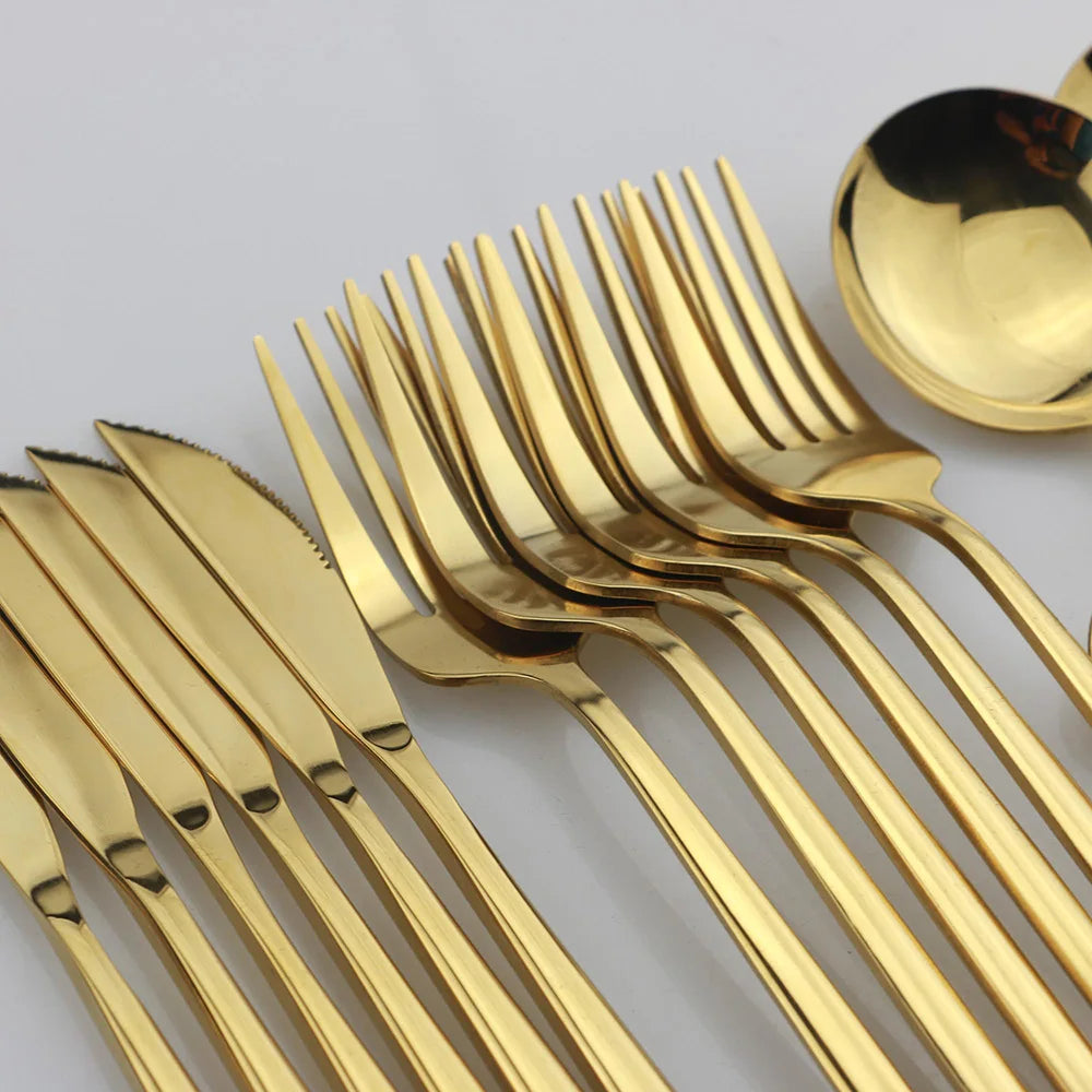 24pcs Gold Dinnerware, Stainless Steel Tableware,  Set with Knife, Fork,  Spoon, Flatware Set, Dishwasher Safe, Silverware Cutlery Set
