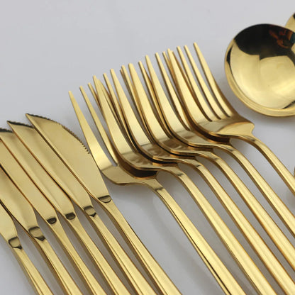 24pcs Gold Dinnerware, Stainless Steel Tableware,  Set with Knife, Fork,  Spoon, Flatware Set, Dishwasher Safe, Silverware Cutlery Set