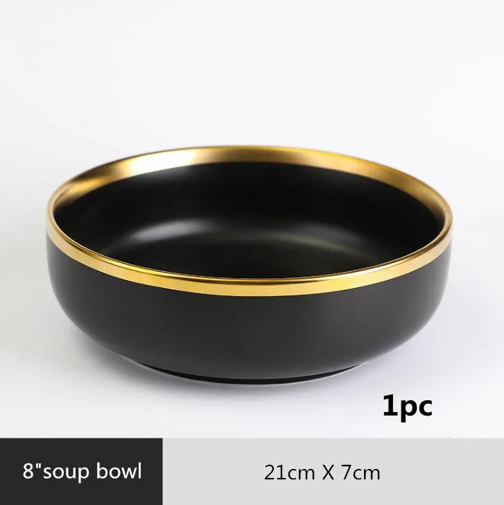 Gilt Rim Black Porcelain Dinner Plates,  Kitchen Dishes,  Ceramics,  Tableware Food Tray,  Rice, Salad, Noodles Bowl , Cutlery Set