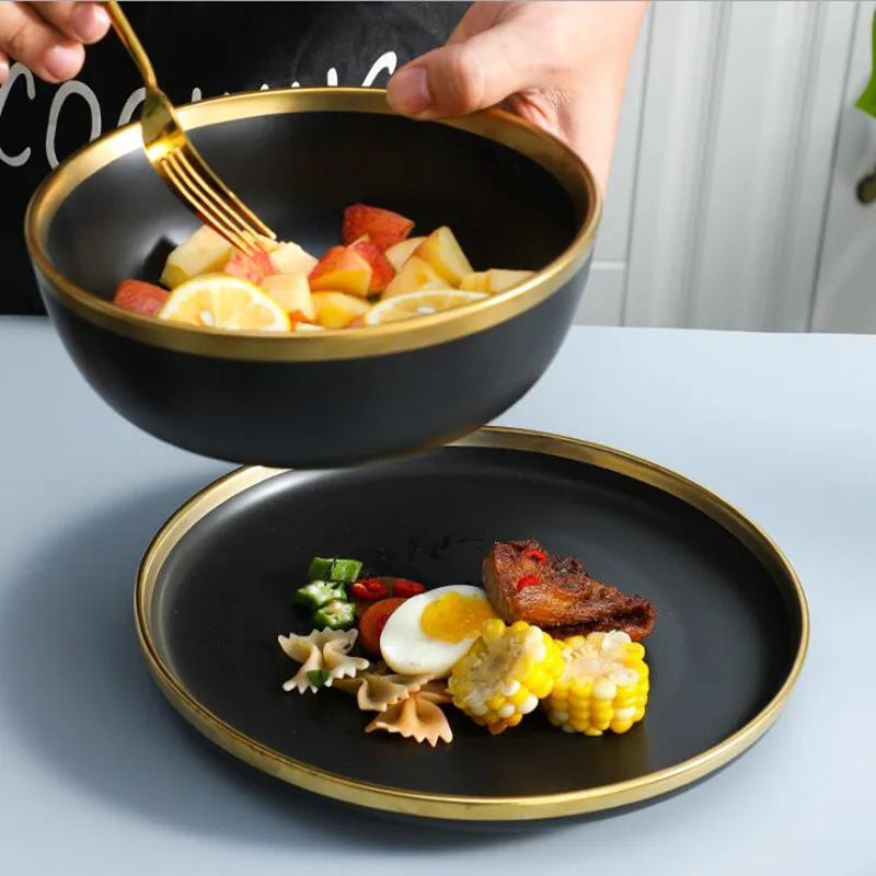 Gilt Rim Black Porcelain Dinner Plates,  Kitchen Dishes,  Ceramics,  Tableware Food Tray,  Rice, Salad, Noodles Bowl , Cutlery Set