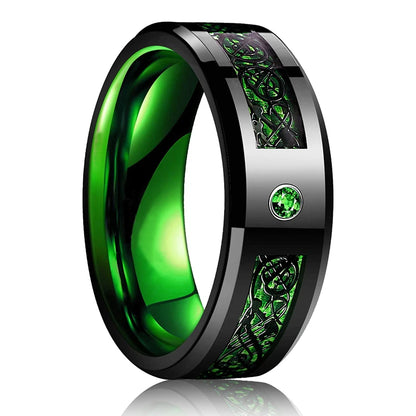 Fashion 8mm Red Groove Beveled Edge Stainless Steel Celtic Dragon Rings.  Perfect for FATHERS DAY with Zircon Inlay, Carbon Fibre Ring for Mens Wedding Band, Couples Gift