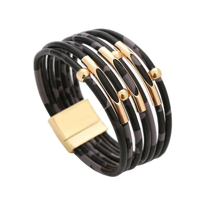 Vintage Metal Tube, LIGHT Leopard Leather and DARK Leather Leopard Bracelets for Women /Men.  Retro MultiLayer Bracelets & Bangles with  Charms.  Jewelry Gifts