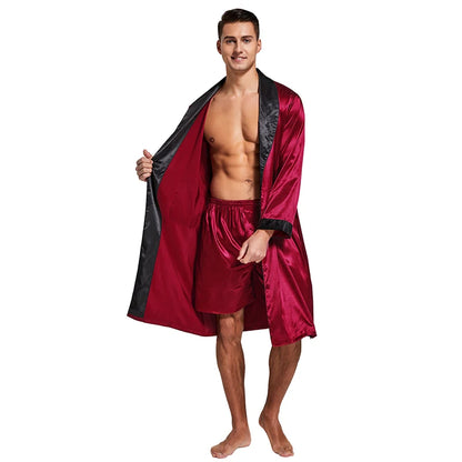 Men’s Satin Robe,  Lightweight  Silk with Long Sleeves.  Kimono Style Bathrobe including  Shorts Set