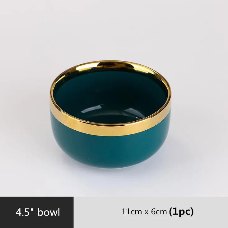 Luxury Forest Green Ceramic Dinnerware Set,  Including  Shallow Plates,  Rice,  Soup Bowls,  Fish,  Dish And Spoon