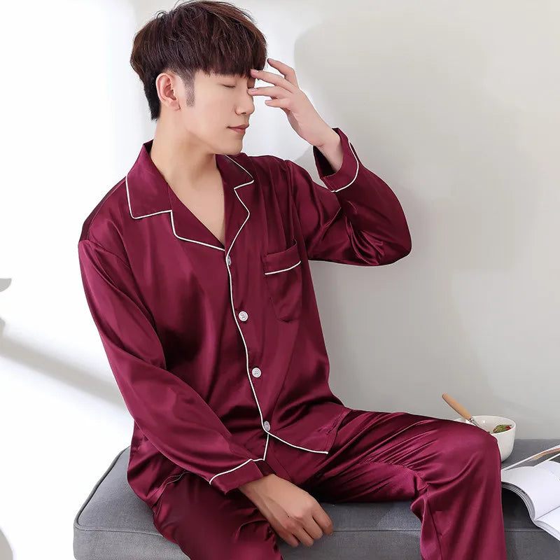 Solid Color Sleepwear Silk Satin Pajamas Couple Set Long Button-Down Pyjamas Suit Pijama Women/ Men Loungewear Plus Size Pj Set