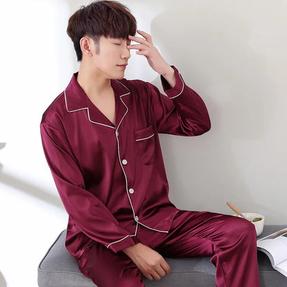 Solid Color Sleepwear Silk Satin Pajamas Couple Set Long Button-Down Pyjamas Suit Pijama Women/ Men Loungewear Plus Size Pj Set