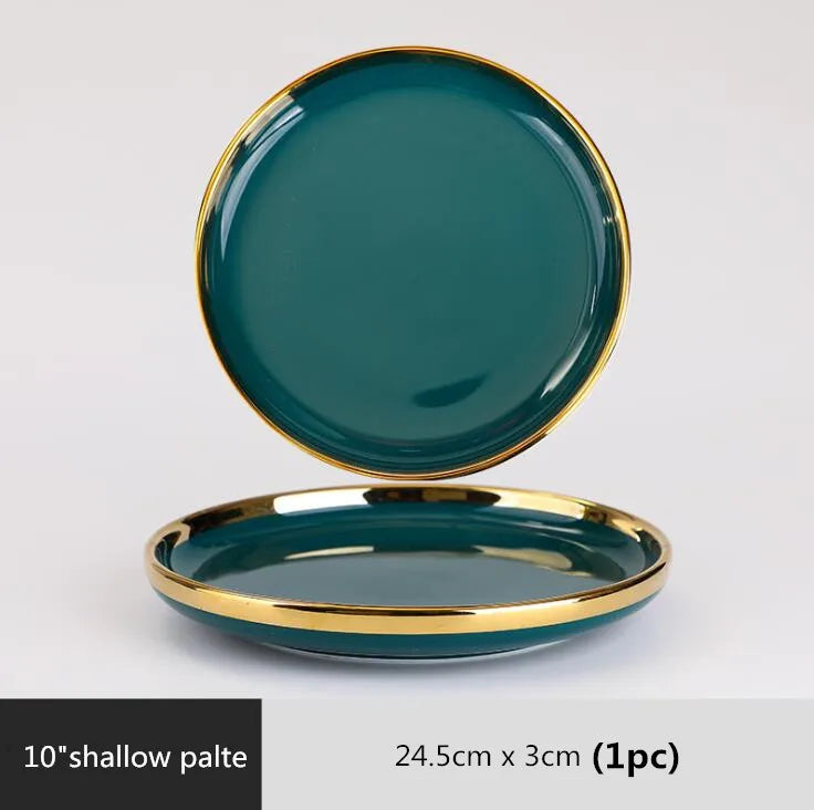 Luxury Forest Green Ceramic Dinnerware Set,  Including  Shallow Plates,  Rice,  Soup Bowls,  Fish,  Dish And Spoon