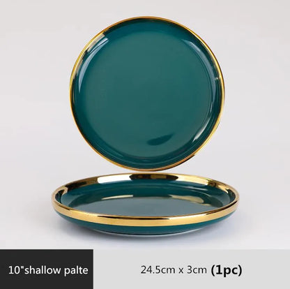Luxury Forest Green Ceramic Dinnerware Set,  Including  Shallow Plates,  Rice,  Soup Bowls,  Fish,  Dish And Spoon