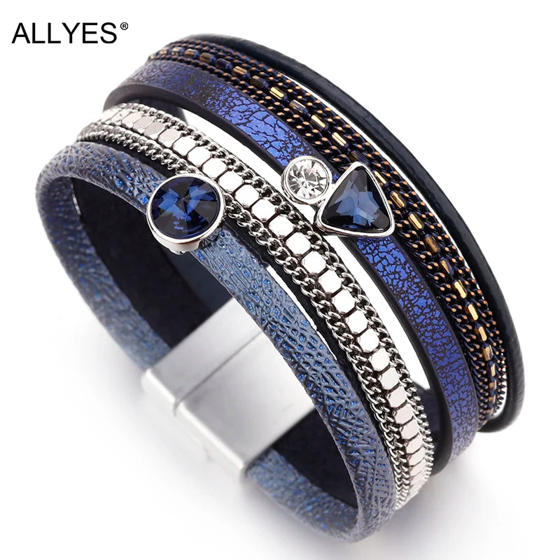 Resin Crystal Charm Leather Bracelet for Women. Bohemian Multilayer Bracelets & Bangles Jewelry.  BLACK, DARK BLUE and GOLD are Available.