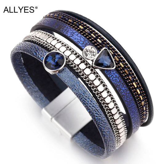 Resin Crystal Charm Leather Bracelet for Women. Bohemian Multilayer Bracelets & Bangles Jewelry.  BLACK, DARK BLUE and GOLD are Available.