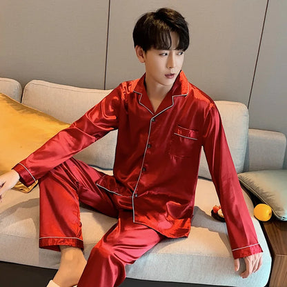 Solid Color Sleepwear Silk Satin Pajamas Couple Set Long Button-Down Pyjamas Suit Pijama Women/ Men Loungewear Plus Size Pj Set