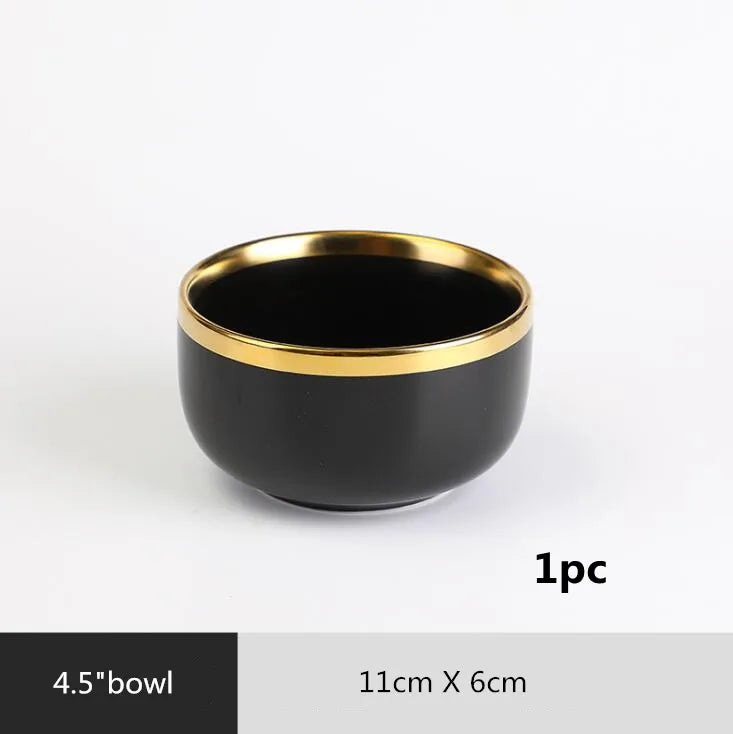 Gilt Rim Black Porcelain Dinner Plates,  Kitchen Dishes,  Ceramics,  Tableware Food Tray,  Rice, Salad, Noodles Bowl , Cutlery Set