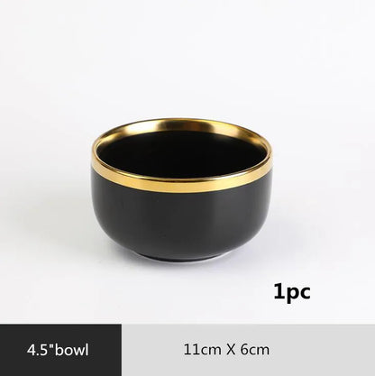 Gilt Rim Black Porcelain Dinner Plates,  Kitchen Dishes,  Ceramics,  Tableware Food Tray,  Rice, Salad, Noodles Bowl , Cutlery Set