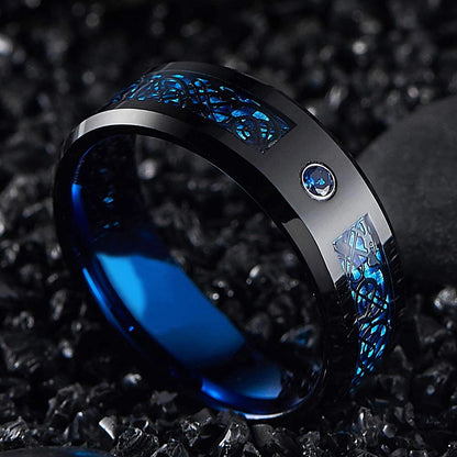 Fashion 8mm Red Groove Beveled Edge Stainless Steel Celtic Dragon Rings.  Perfect for FATHERS DAY with Zircon Inlay, Carbon Fibre Ring for Mens Wedding Band, Couples Gift
