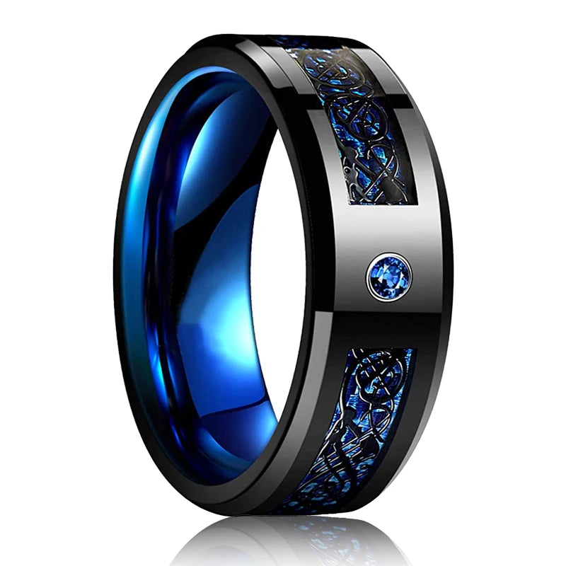 Fashion 8mm Red Groove Beveled Edge Stainless Steel Celtic Dragon Rings.  Perfect for FATHERS DAY with Zircon Inlay, Carbon Fibre Ring for Mens Wedding Band, Couples Gift