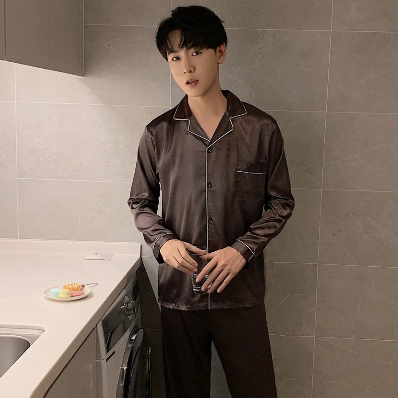Solid Color Sleepwear Silk Satin Pajamas Couple Set Long Button-Down Pyjamas Suit Pijama Women/ Men Loungewear Plus Size Pj Set