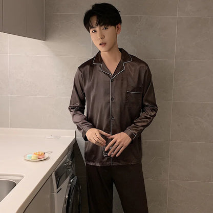 Solid Color Sleepwear Silk Satin Pajamas Couple Set Long Button-Down Pyjamas Suit Pijama Women/ Men Loungewear Plus Size Pj Set