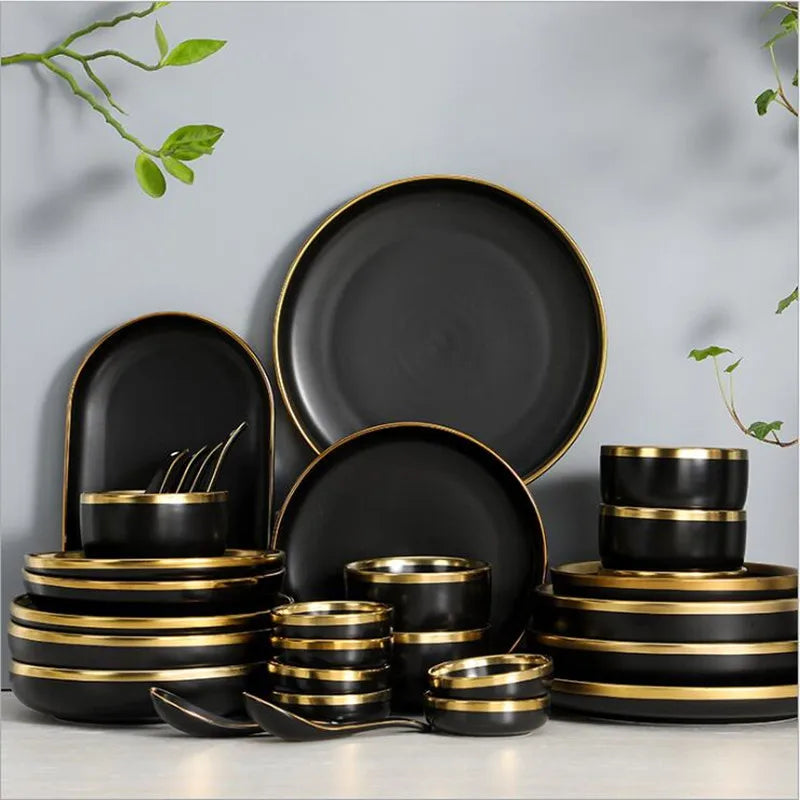 Gilt Rim Black Porcelain Dinner Plates,  Kitchen Dishes,  Ceramics,  Tableware Food Tray,  Rice, Salad, Noodles Bowl , Cutlery Set