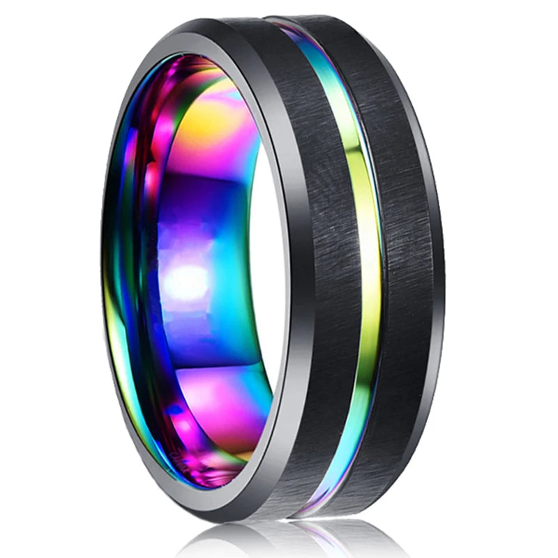 Fashion 8mm Red Groove Beveled Edge Stainless Steel Celtic Dragon Rings.  Perfect for FATHERS DAY with Zircon Inlay, Carbon Fibre Ring for Mens Wedding Band, Couples Gift