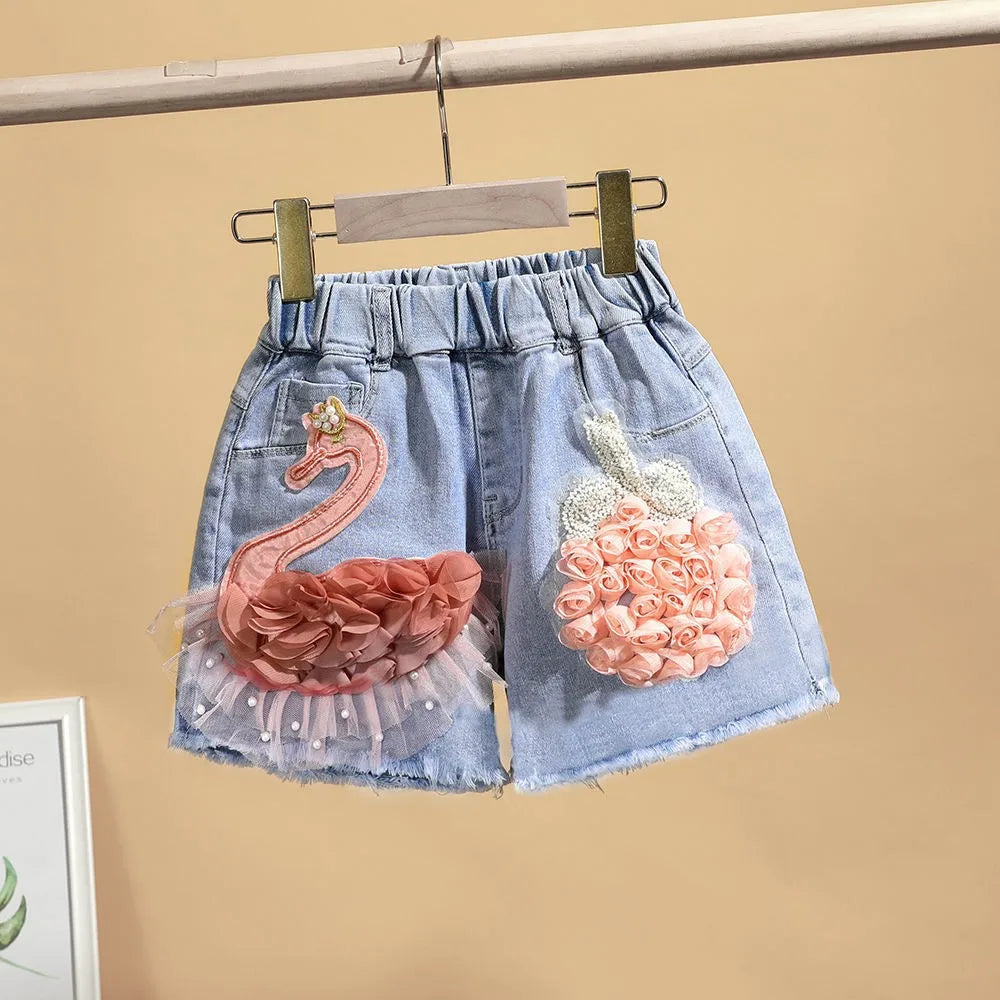 Baby Girl's Summer Cotton Denim Shorts/ Pants.   Toddler Kids,  Cute Swan Flower,  Soft Jeans for Teenage Girls.