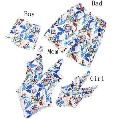 Family Matching Swimsuits/ Floral Printed Mom And Me Swimwear.  Women,  Girls Bathing Suits and Men,  Boys  Trunks Couples Holiday Beachwear