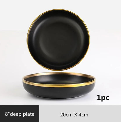 Gilt Rim Black Porcelain Dinner Plates,  Kitchen Dishes,  Ceramics,  Tableware Food Tray,  Rice, Salad, Noodles Bowl , Cutlery Set