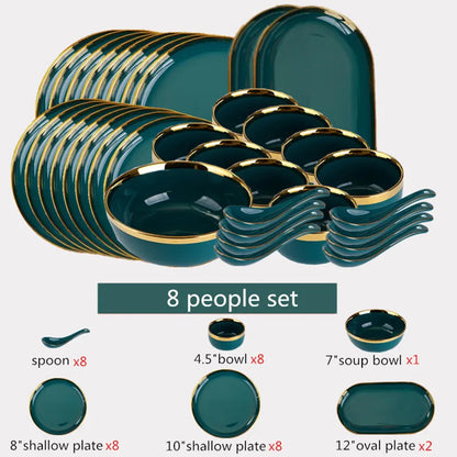 Luxury Forest Green Ceramic Dinnerware Set,  Including  Shallow Plates,  Rice,  Soup Bowls,  Fish,  Dish And Spoon