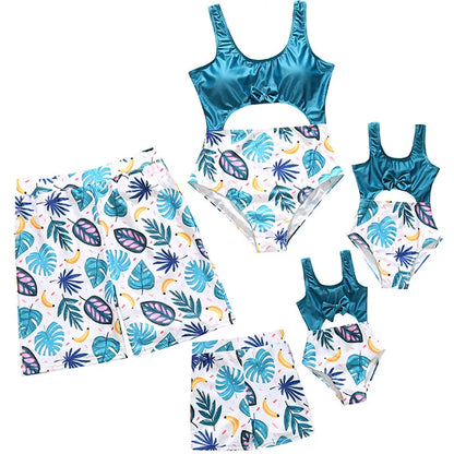Summer Mommy and Daddy /Son/ Daughter Clothes, Family Matching Outfits Leaf Printing Swimwear