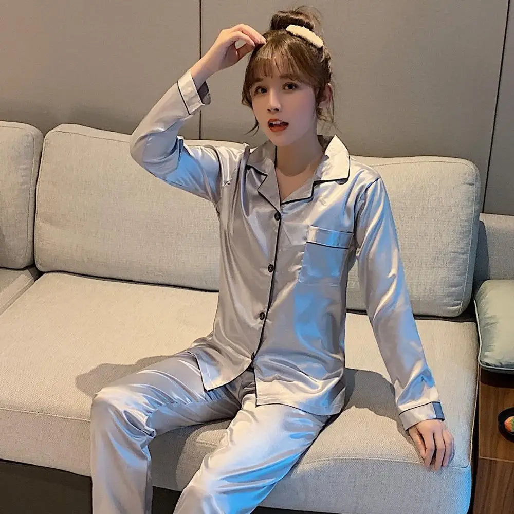 Solid Color Sleepwear Silk Satin Pajamas Couple Set Long Button-Down Pyjamas Suit Pijama Women/ Men Loungewear Plus Size Pj Set