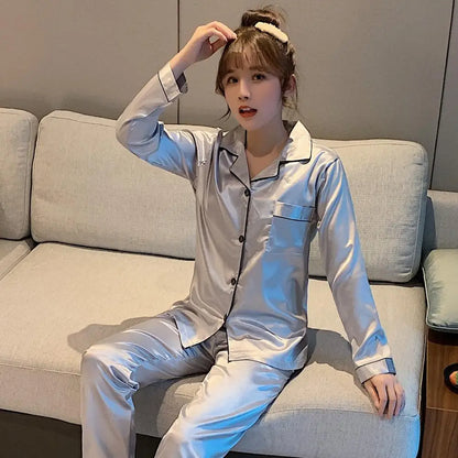 Solid Color Sleepwear Silk Satin Pajamas Couple Set Long Button-Down Pyjamas Suit Pijama Women/ Men Loungewear Plus Size Pj Set