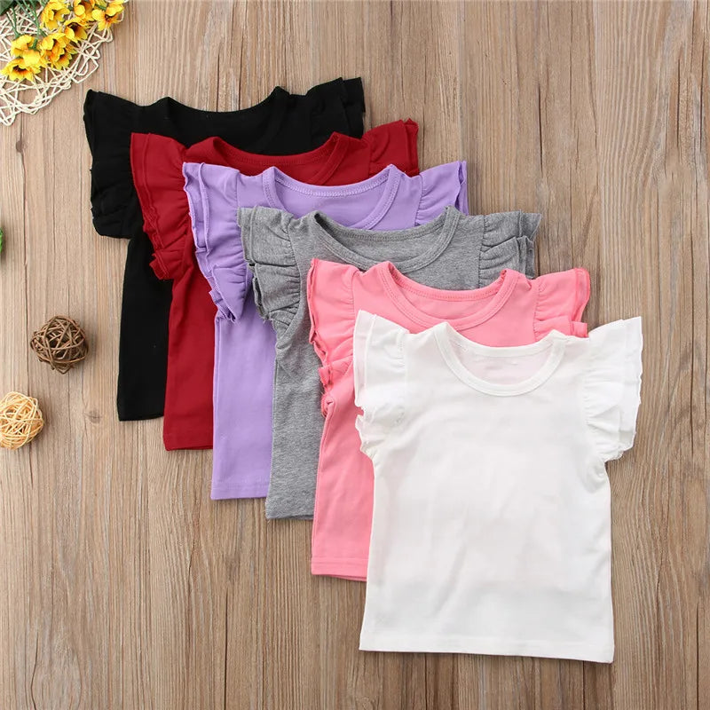 1-6 Years old,  Infant Girls T-Shirt,  Cotton Flying Sleeves T-Shirt For Girls,  Summer, Solid , Black White Pink Red Tee Tops