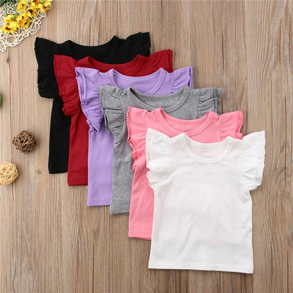 1-6 Years old,  Infant Girls T-Shirt,  Cotton Flying Sleeves T-Shirt For Girls,  Summer, Solid , Black White Pink Red Tee Tops