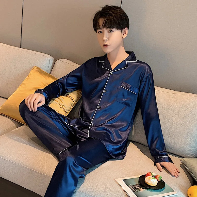 Solid Color Sleepwear Silk Satin Pajamas Couple Set Long Button-Down Pyjamas Suit Pijama Women/ Men Loungewear Plus Size Pj Set