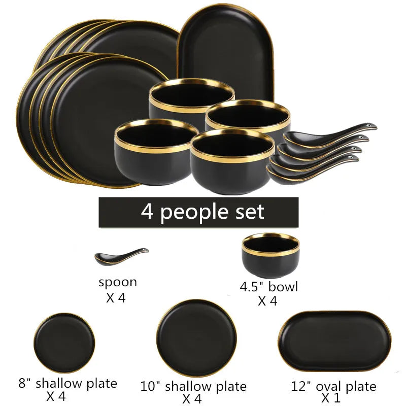 Gilt Rim Black Porcelain Dinner Plates,  Kitchen Dishes,  Ceramics,  Tableware Food Tray,  Rice, Salad, Noodles Bowl , Cutlery Set