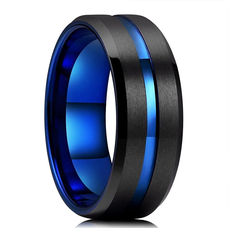 Fashion 8mm Red Groove Beveled Edge Stainless Steel Celtic Dragon Rings.  Perfect for FATHERS DAY with Zircon Inlay, Carbon Fibre Ring for Mens Wedding Band, Couples Gift