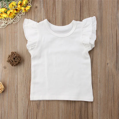 1-6 Years old,  Infant Girls T-Shirt,  Cotton Flying Sleeves T-Shirt For Girls,  Summer, Solid , Black White Pink Red Tee Tops