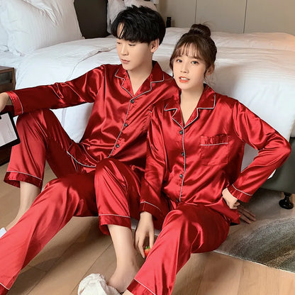 Solid Color Sleepwear Silk Satin Pajamas Couple Set Long Button-Down Pyjamas Suit Pijama Women/ Men Loungewear Plus Size Pj Set