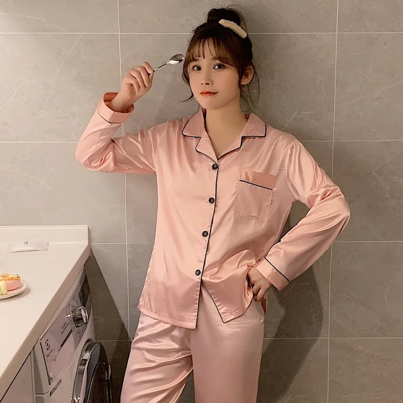 Solid Color Sleepwear Silk Satin Pajamas Couple Set Long Button-Down Pyjamas Suit Pijama Women/ Men Loungewear Plus Size Pj Set