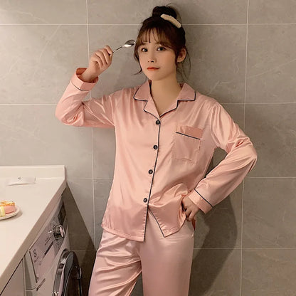 Solid Color Sleepwear Silk Satin Pajamas Couple Set Long Button-Down Pyjamas Suit Pijama Women/ Men Loungewear Plus Size Pj Set