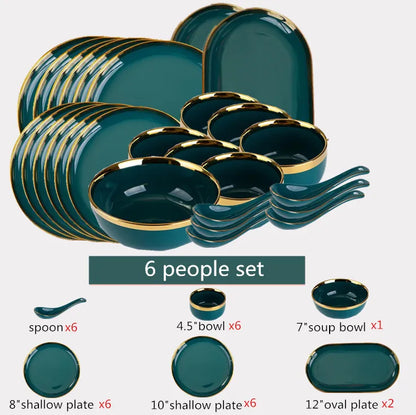 Luxury Forest Green Ceramic Dinnerware Set,  Including  Shallow Plates,  Rice,  Soup Bowls,  Fish,  Dish And Spoon