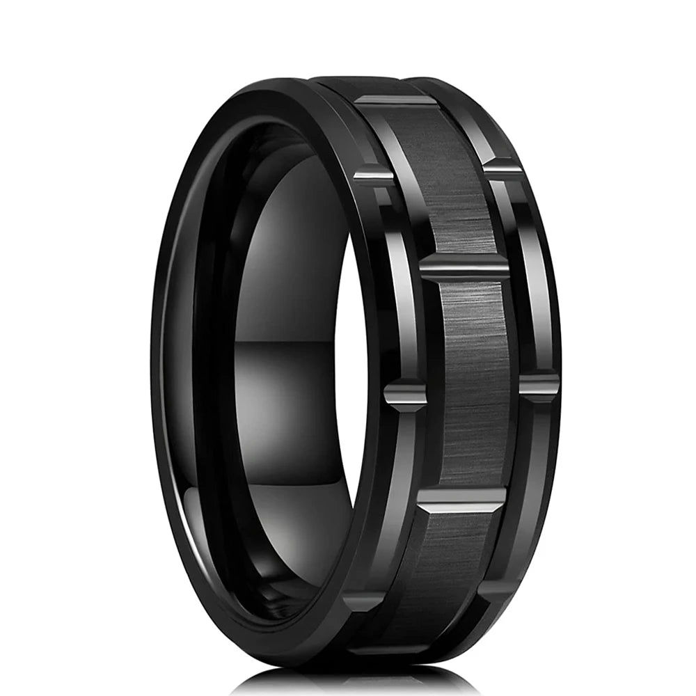 Fashion 8mm Red Groove Beveled Edge Stainless Steel Celtic Dragon Rings.  Perfect for FATHERS DAY with Zircon Inlay, Carbon Fibre Ring for Mens Wedding Band, Couples Gift