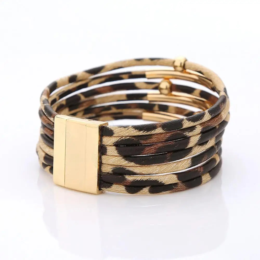 Vintage Metal Tube, LIGHT Leopard Leather and DARK Leather Leopard Bracelets for Women /Men.  Retro MultiLayer Bracelets & Bangles with  Charms.  Jewelry Gifts