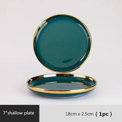 Luxury Forest Green Ceramic Dinnerware Set,  Including  Shallow Plates,  Rice,  Soup Bowls,  Fish,  Dish And Spoon