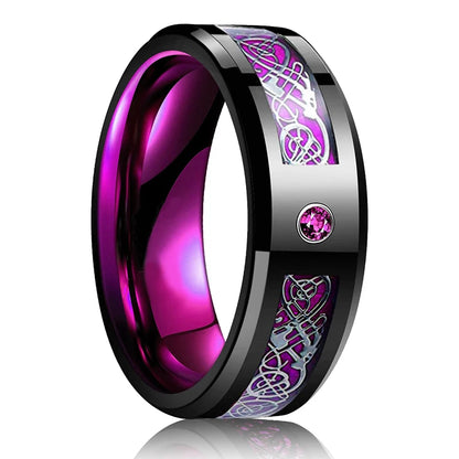 Fashion 8mm Red Groove Beveled Edge Stainless Steel Celtic Dragon Rings.  Perfect for FATHERS DAY with Zircon Inlay, Carbon Fibre Ring for Mens Wedding Band, Couples Gift