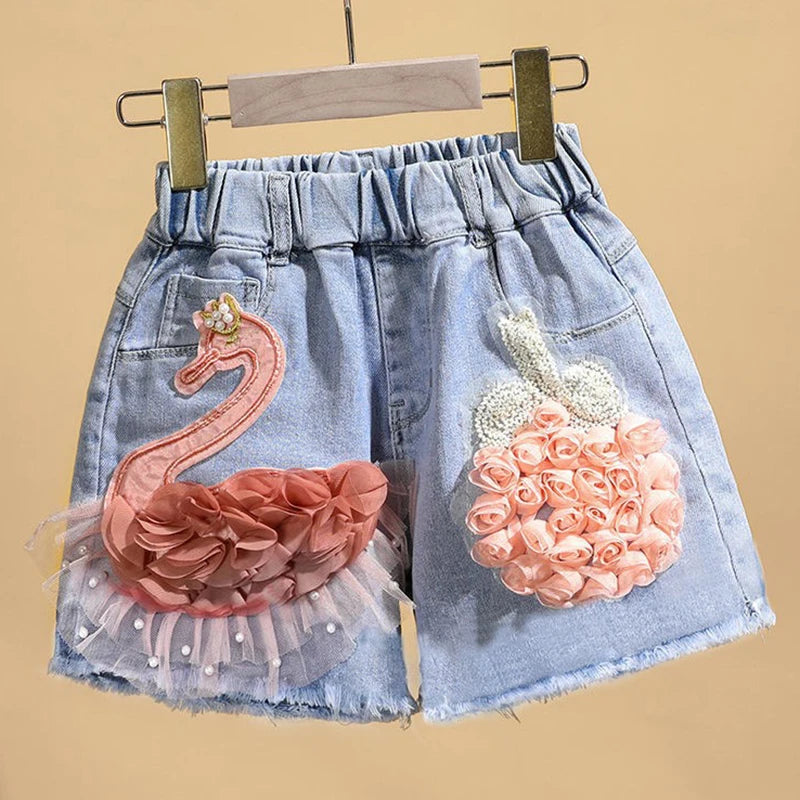 Baby Girl's Summer Cotton Denim Shorts/ Pants.   Toddler Kids,  Cute Swan Flower,  Soft Jeans for Teenage Girls.
